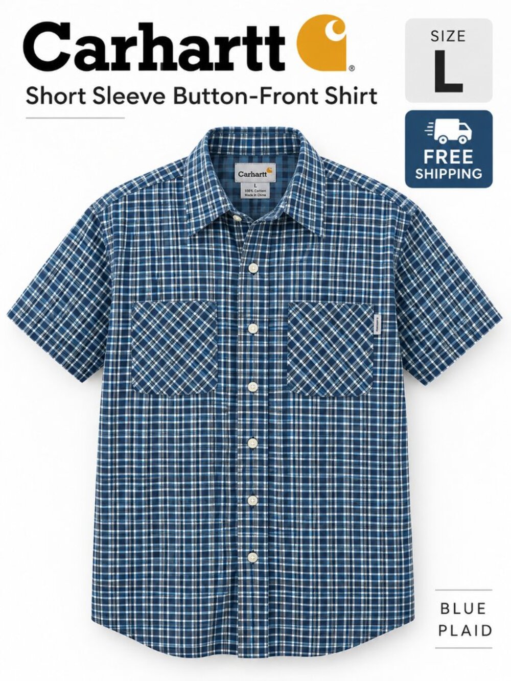 Carhartt Men's Blue Plaid Short Sleeve Button-Up Shirt Size L 100% Cotton